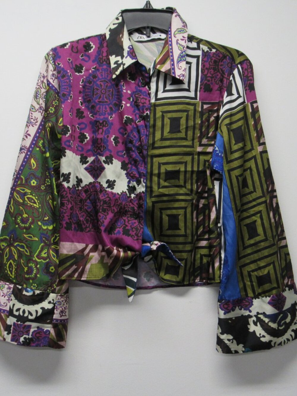 Zara Purple Green Patchwork Print Button-Up Blouse